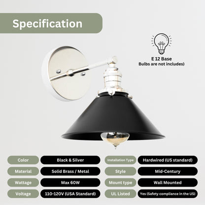 Handmade Brass Wall Sconce – Mid Century Modern Black & Silver Cone Light