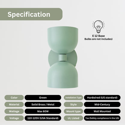 Mid Century Modern Sea Green Brass Wall Sconce – Handmade Double Shade Light