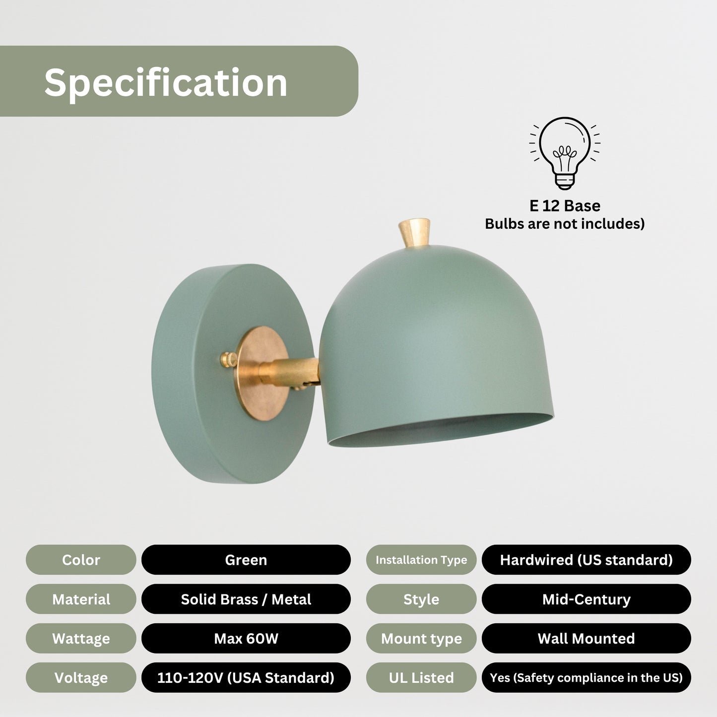 Modern Brass Wall Sconce – Mid Century Wall Light with Green Dome Shade