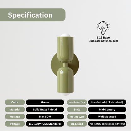 Olive Green Up & Down Brass Wall Sconce – Mid-Century Modern Light Fixture