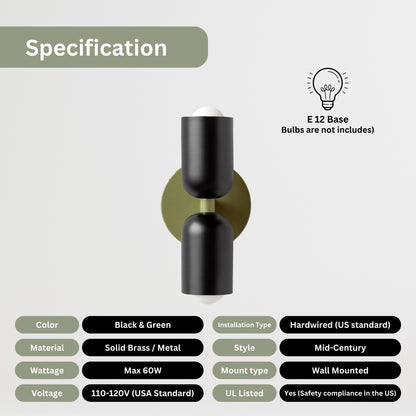 Black & Olive Green Up & Down Brass Wall Sconce – Mid-Century Modern Light Fixture