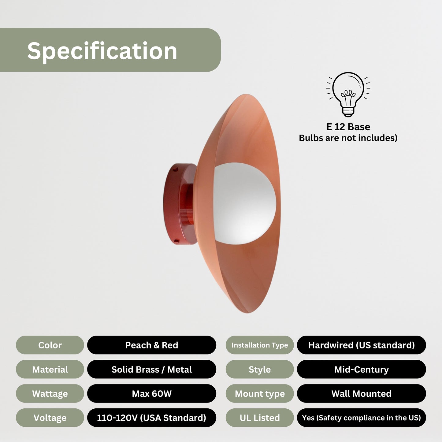 Peach & Red Dome Brass Wall Sconce – Mid-Century Modern Vintage Light