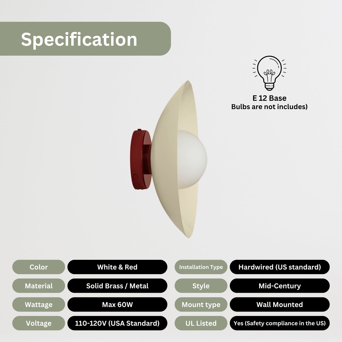 Cream & Red Dome Brass Wall Sconce – Mid-Century Modern Vintage Light