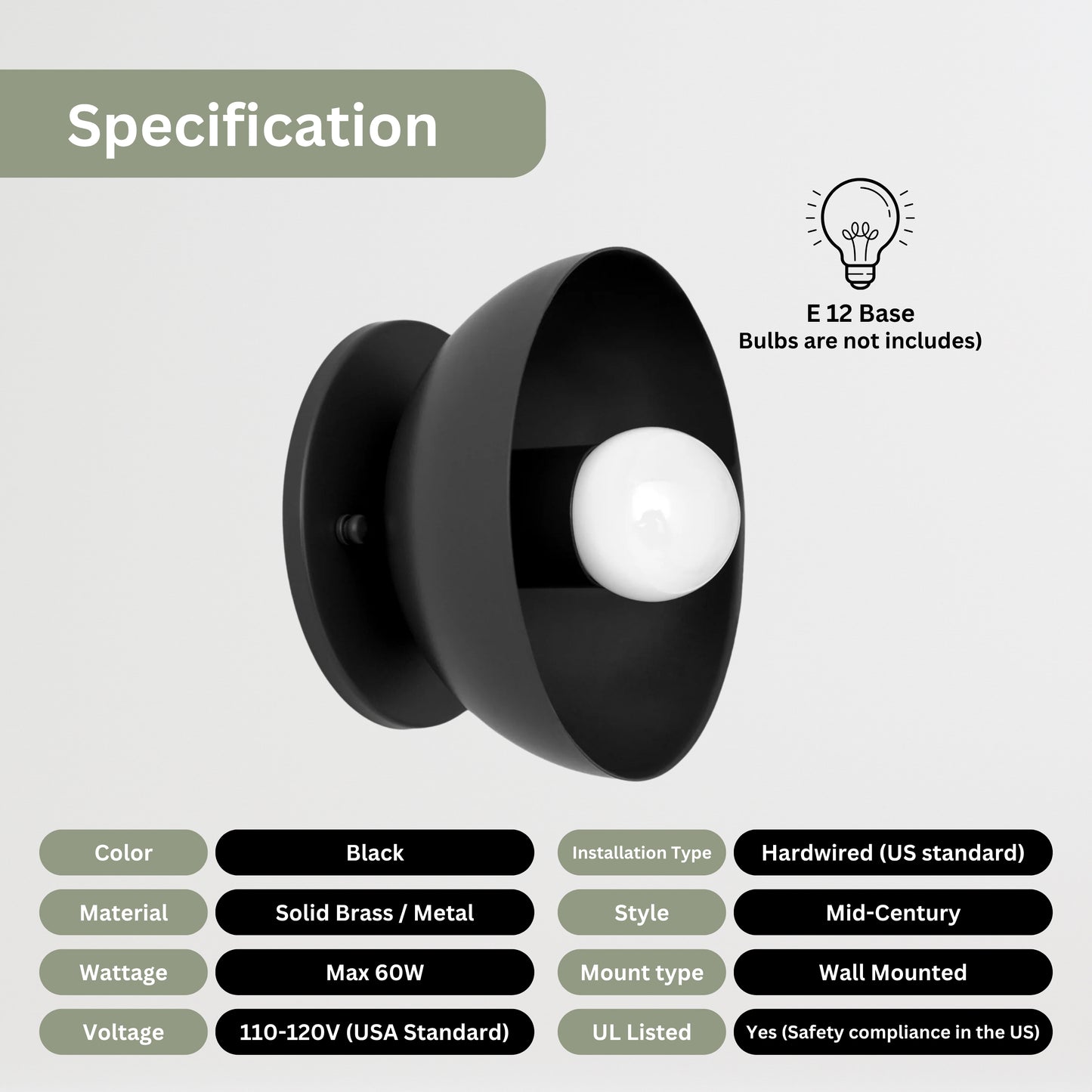 Black Brass Dome Wall Sconce – Modern Mid Century Wall Light Fixture