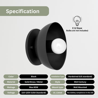 Black Brass Dome Wall Sconce – Modern Mid Century Wall Light Fixture