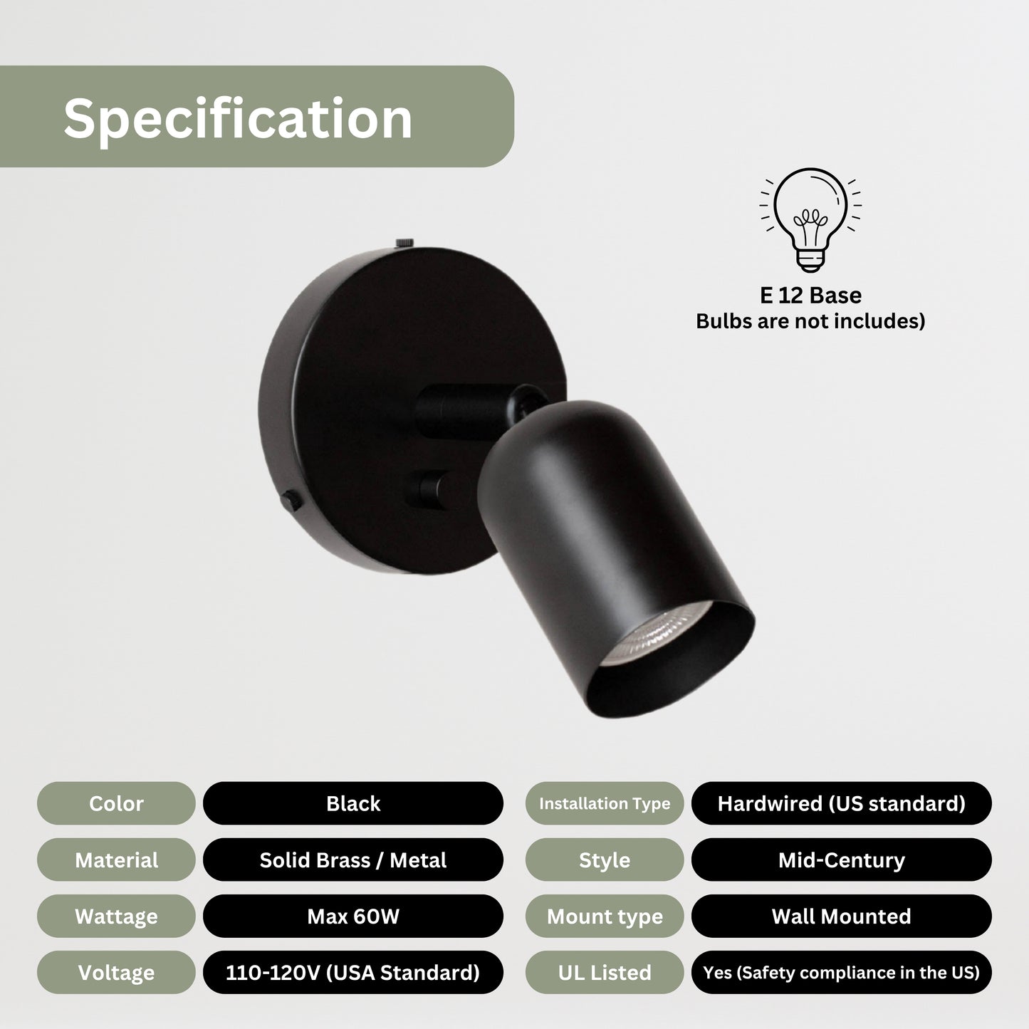 Black Capsule Brass Wall Sconce – Mid Century Modern Vintage Wall Light Fixture