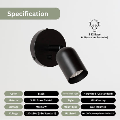 Black Capsule Brass Wall Sconce – Mid Century Modern Vintage Wall Light Fixture