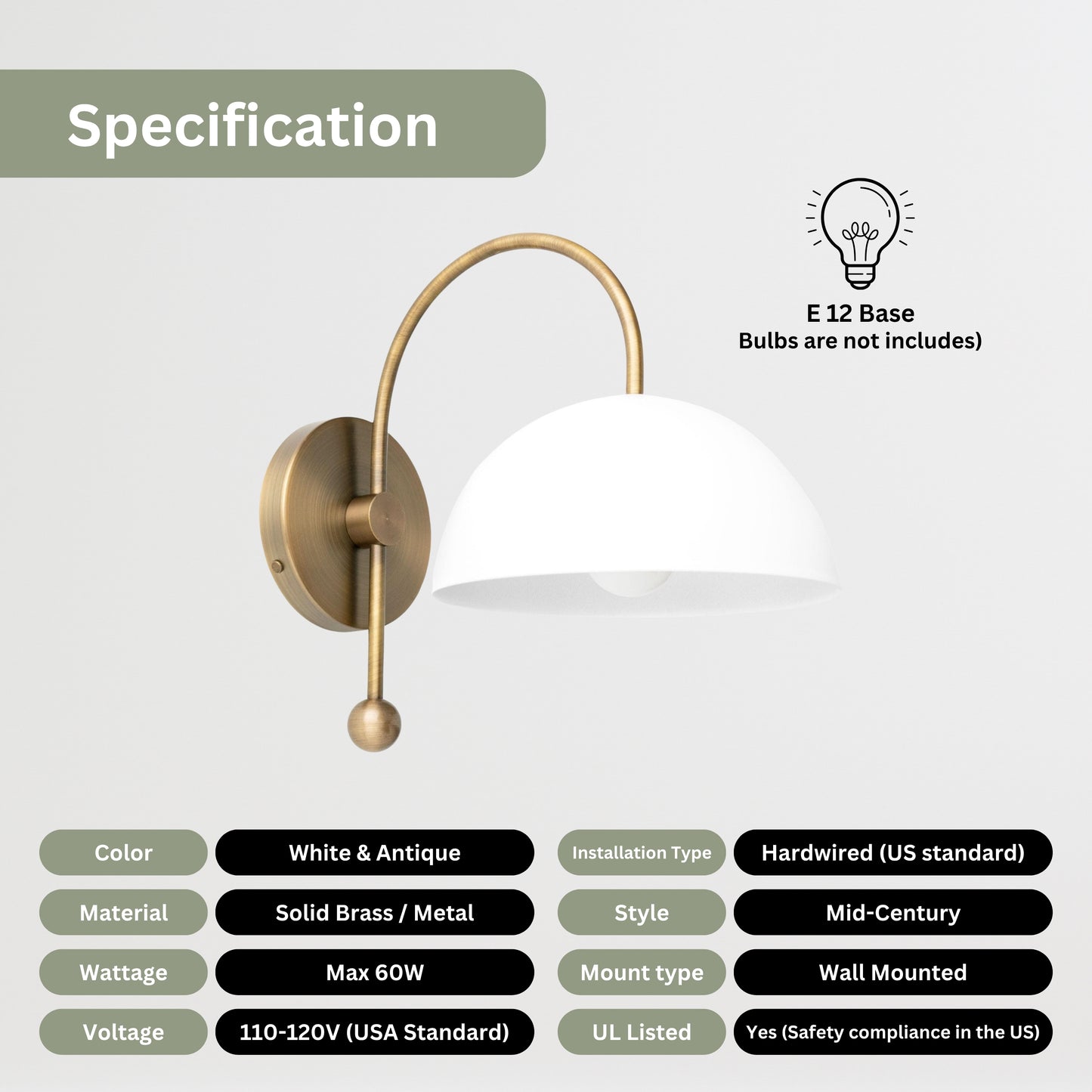 Mid Century Brass Wall Sconce – White Dome Shade Vintage Light Fixture