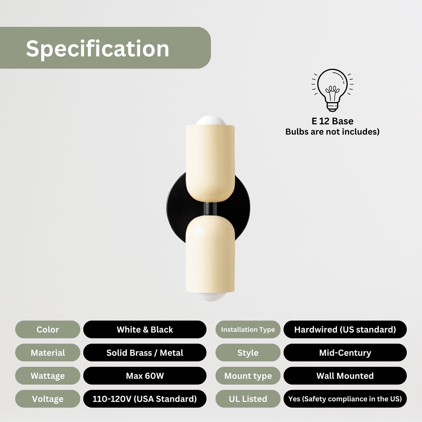 Cream & Black Up & Down Brass Wall Sconce – Mid-Century Modern Light Fixture