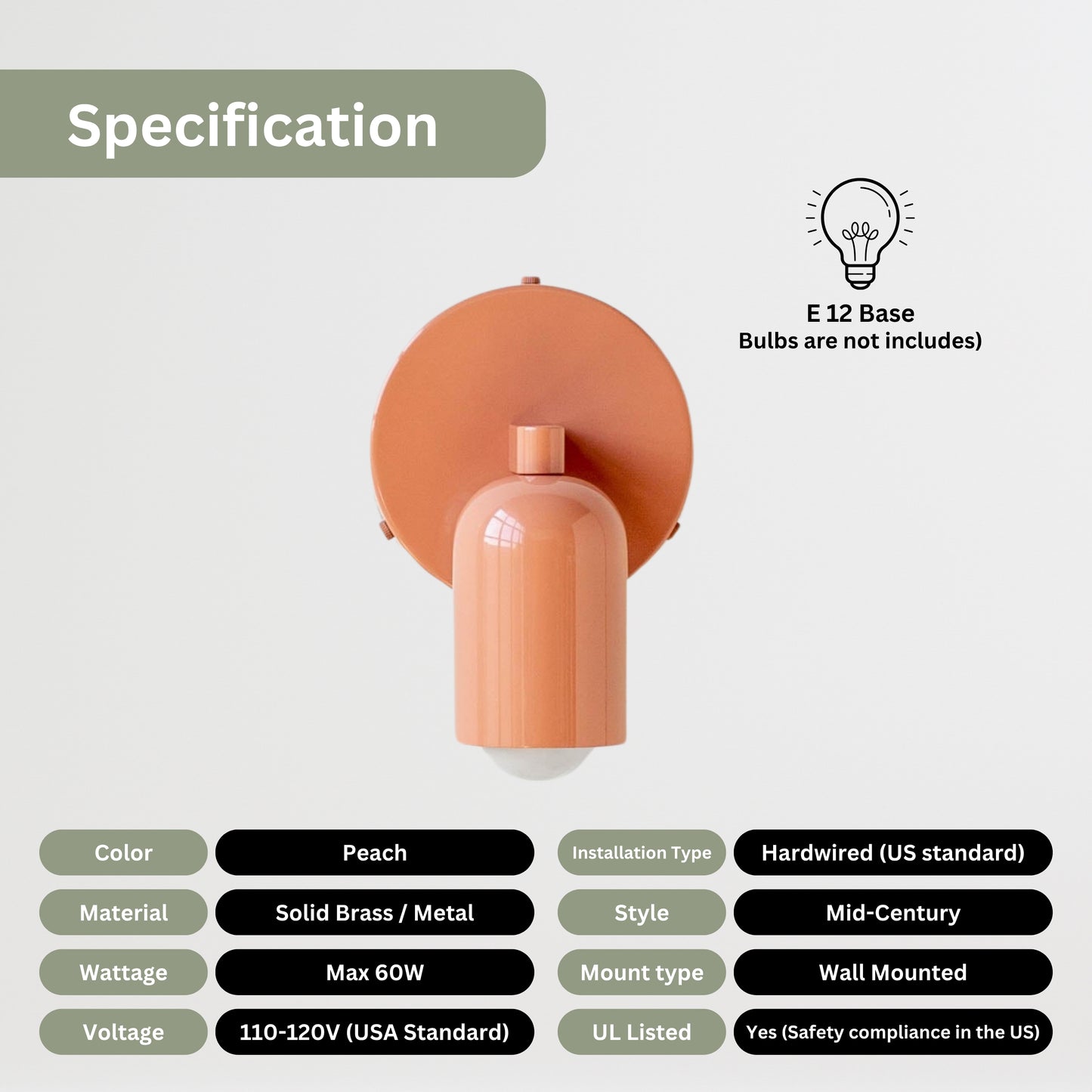 Peach Capsule Brass Wall Sconce – Mid Century Modern Vintage Wall Light Fixture