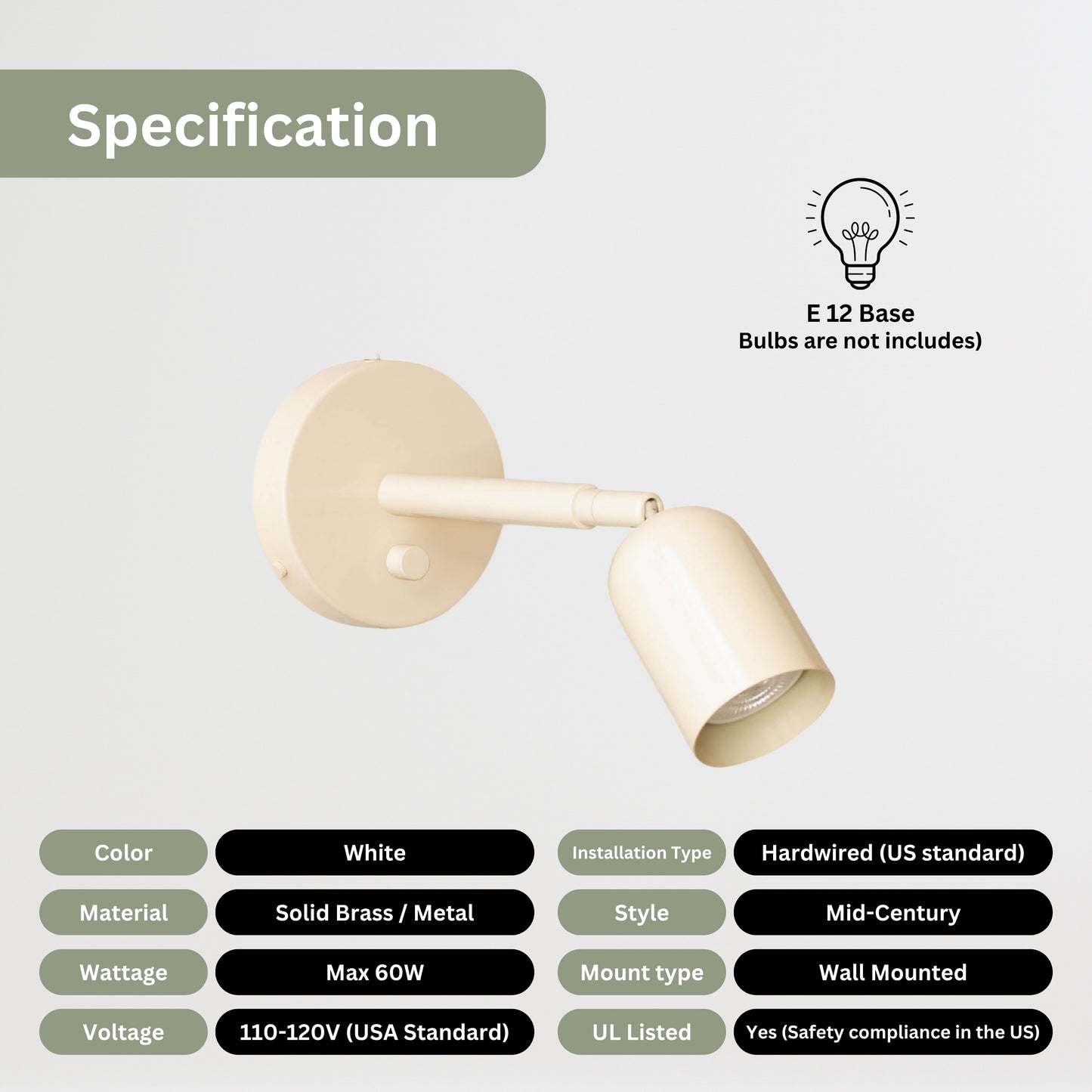 Cream Capsule Brass Wall Sconce – Mid Century Modern Vintage Wall Light Fixture