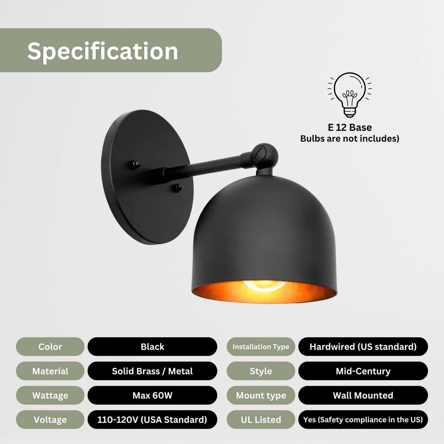 Mid Century Brass Wall Sconce – Handmade Black Dome Light Fixture