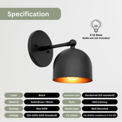 Mid Century Brass Wall Sconce – Handmade Black Dome Light Fixture