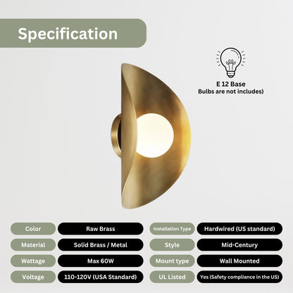 Raw Brass Curve Shade Vintage Wall Light - Mid-Century Modern Brass Wall Sconce