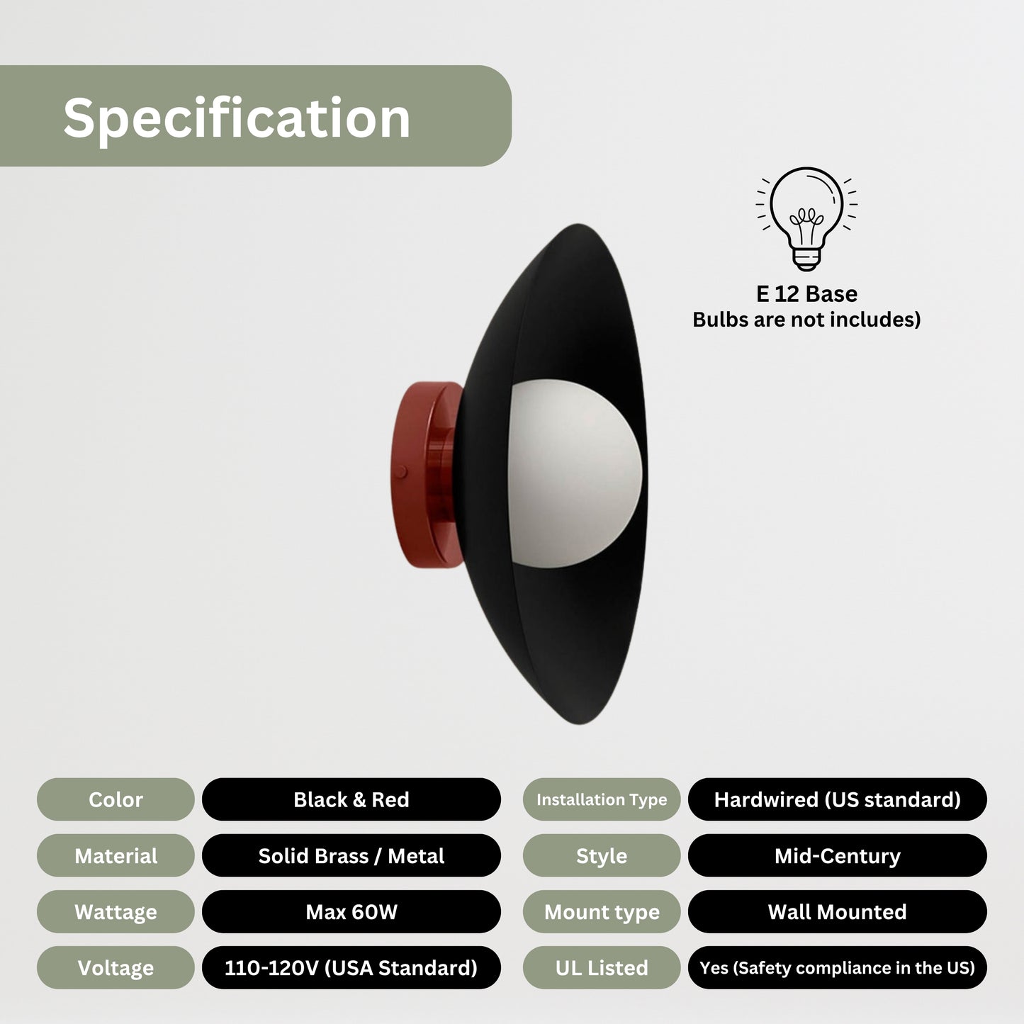 Black & Red Dome Brass Wall Sconce – Mid-Century Modern Vintage Light