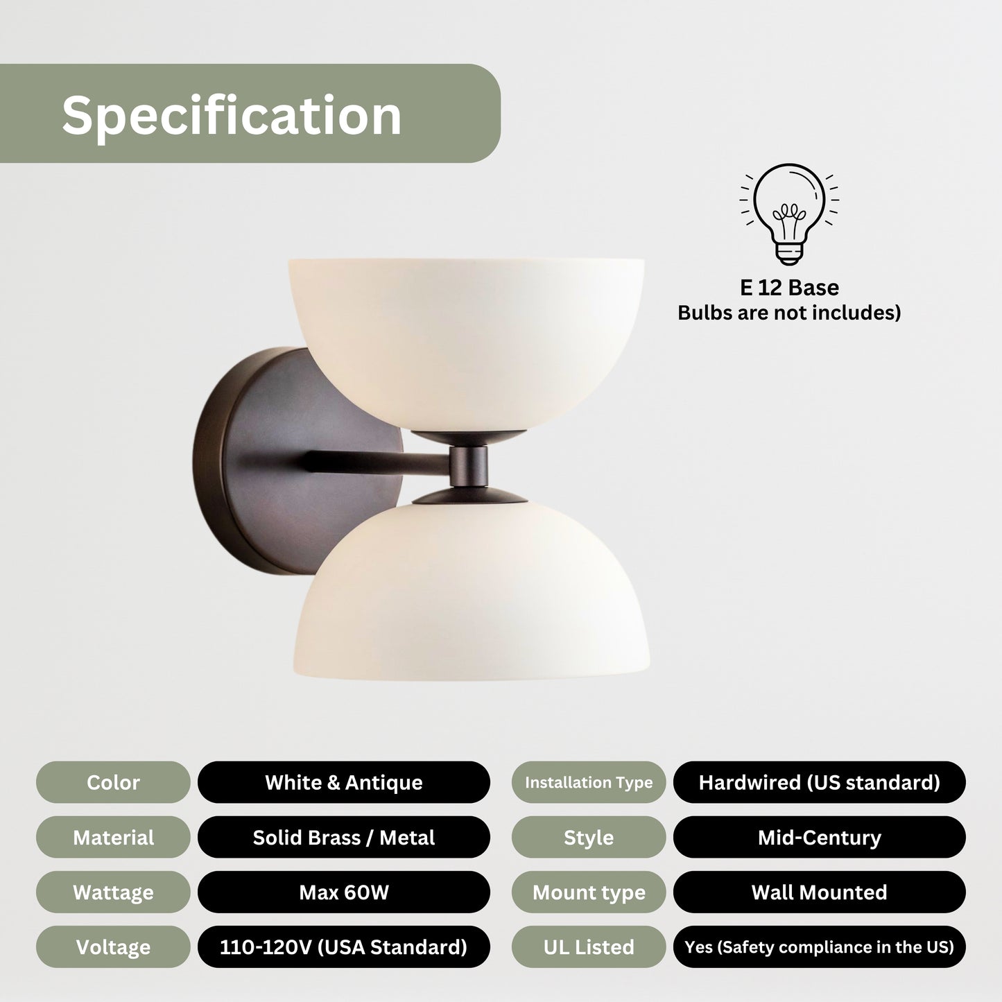White & Black Double Globe Vintage Light - Mid Century Modern Brass Wall Sconce