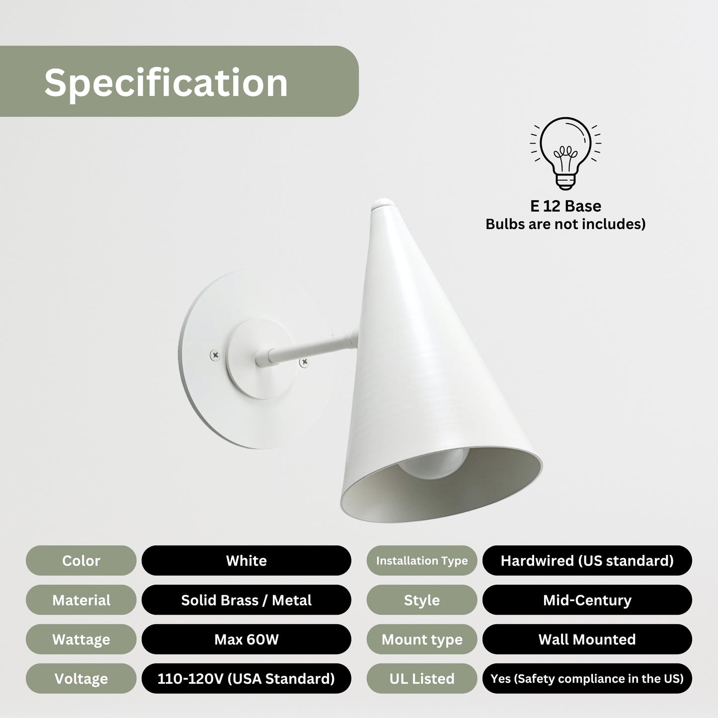 White Cone Vintage Wall Light - Mid-Century Modern Brass Wall Sconce