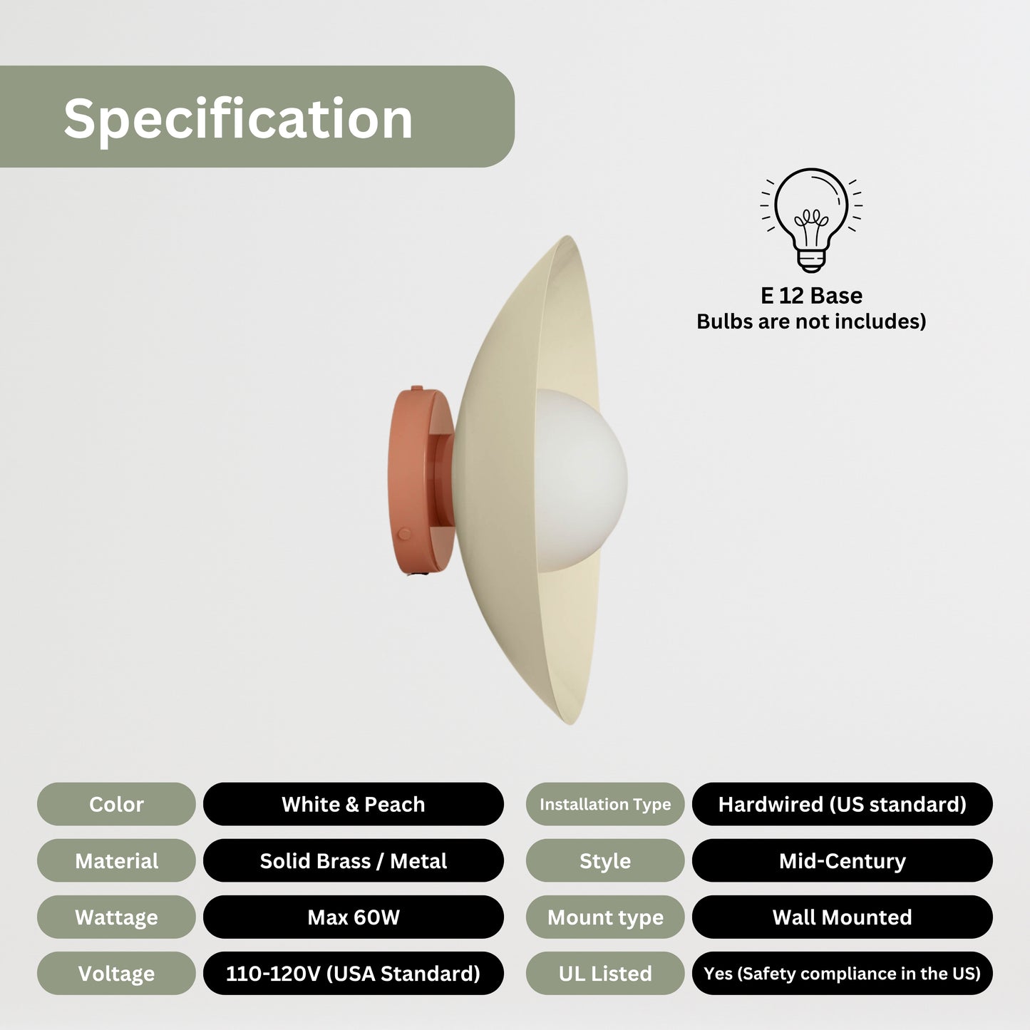 Cream & Peach Dome Brass Wall Sconce – Mid-Century Modern Vintage Light