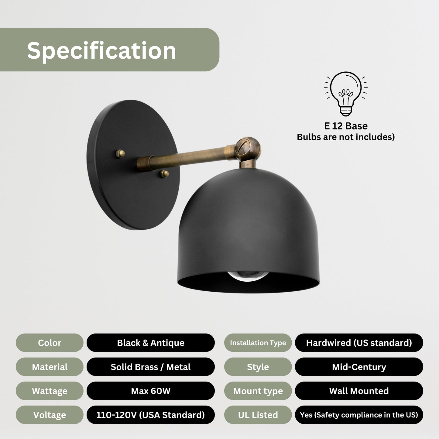 Mid Century Brass Wall Sconce – Handmade Black & Antique Dome Light Fixture