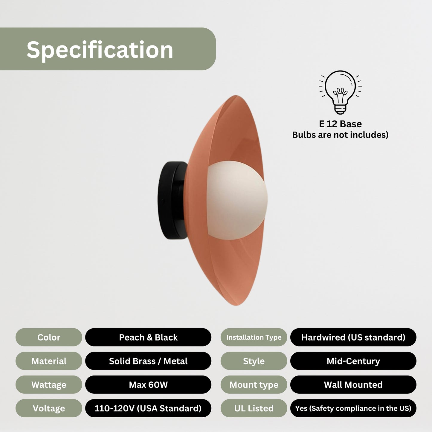 Peach & Black Dome Brass Wall Sconce – Mid-Century Modern Vintage Light