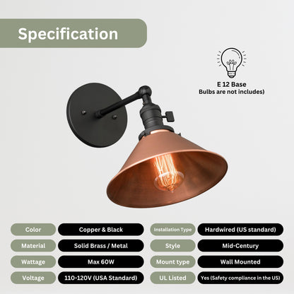 Handmade Brass Wall Sconce with Copper Shade – Adjustable Farmhouse Light Fixture