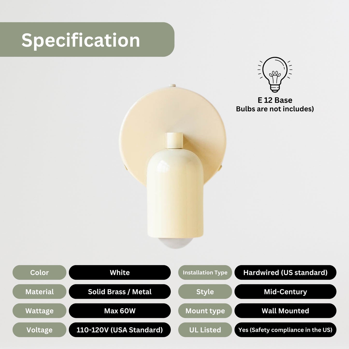 Cream Capsule Brass Wall Sconce – Mid Century Modern Vintage Wall Light Fixture