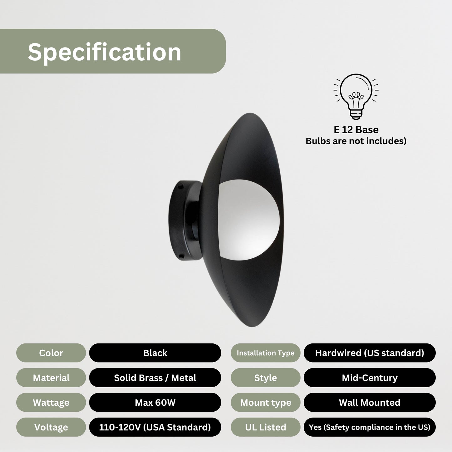 Black Dome Brass Wall Sconce – Mid-Century Modern Vintage Light