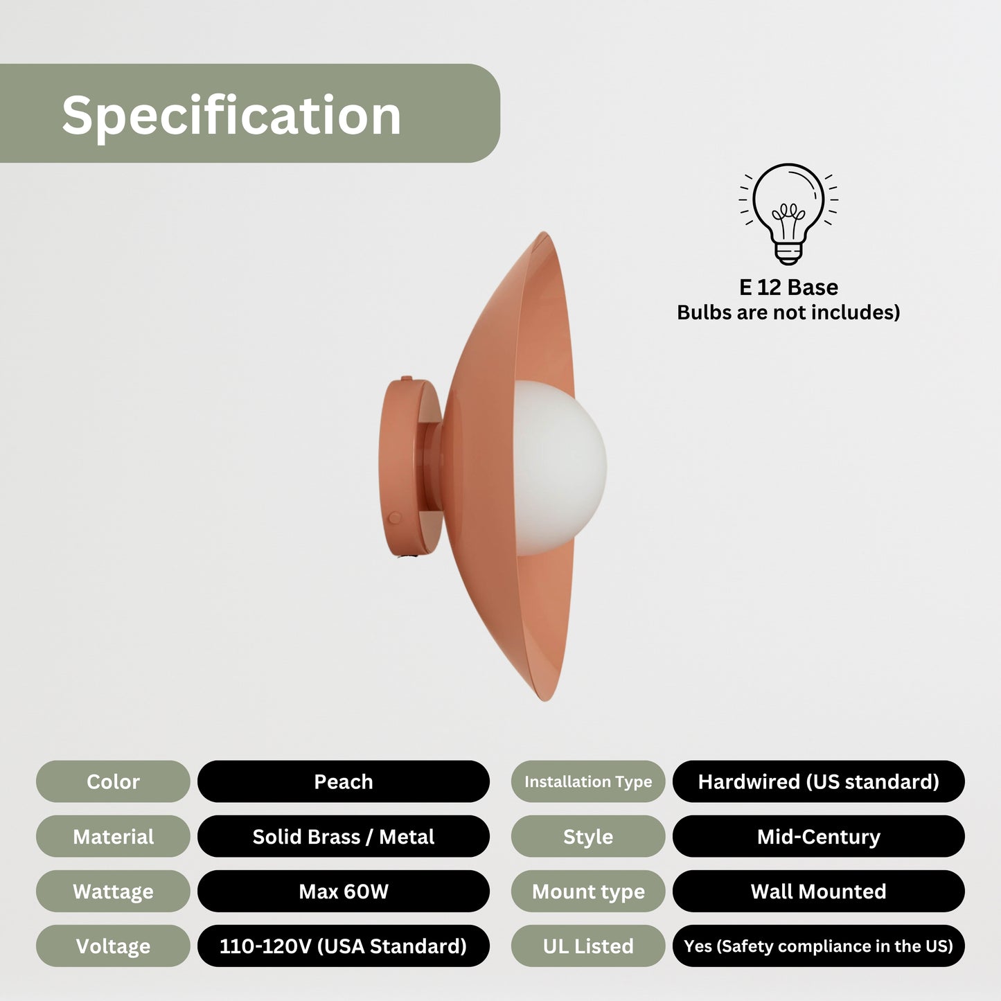 Peach Dome Brass Wall Sconce – Mid-Century Modern Vintage Light