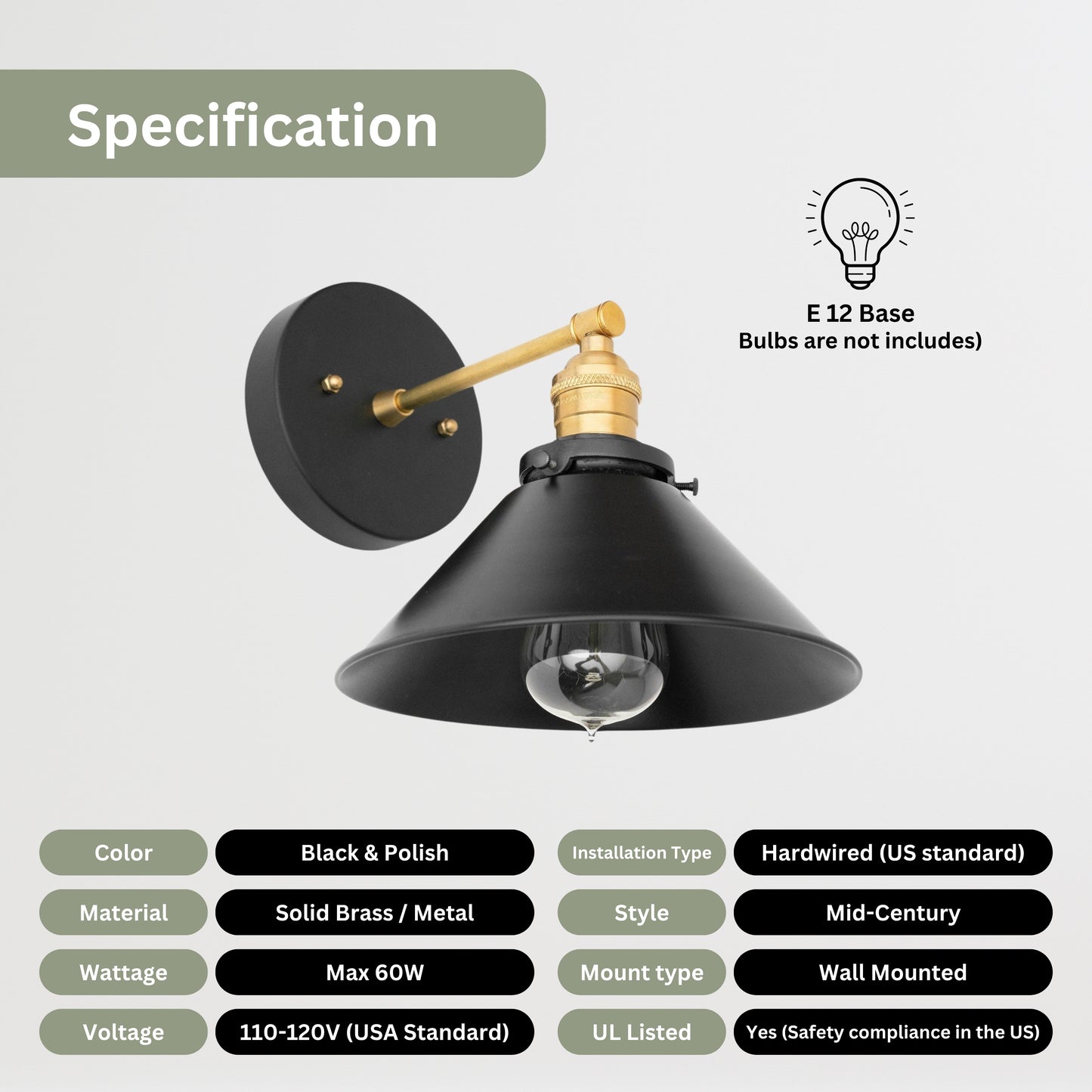 Handmade Brass Wall Sconce – Mid Century Modern Black & Polish Cone Light