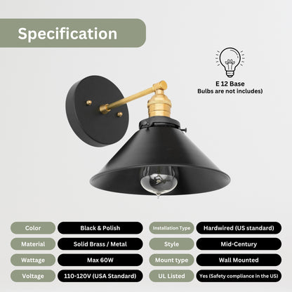 Handmade Brass Wall Sconce – Mid Century Modern Black & Polish Cone Light