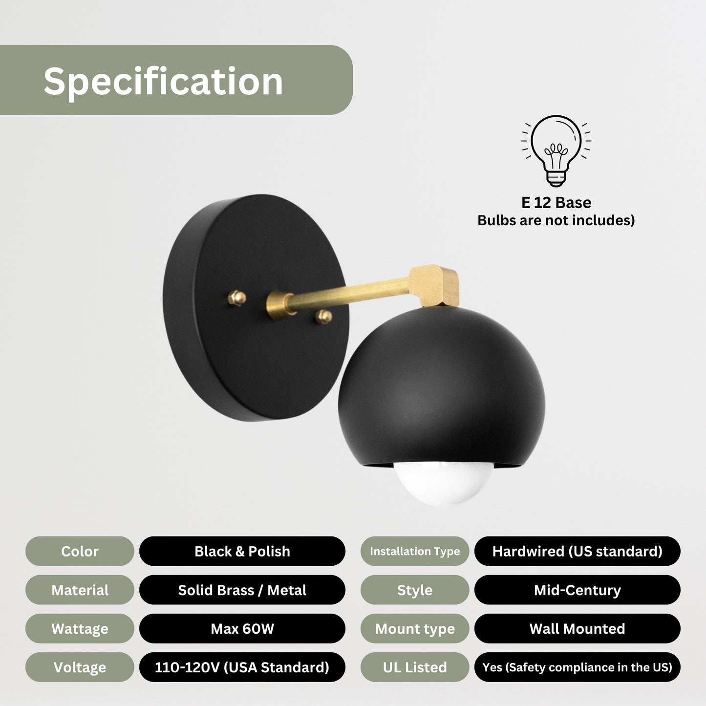 Handmade Brass Wall Sconce – Mid Century Modern Black Dome Light Fixture