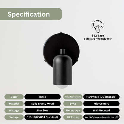 Black Capsule Brass Wall Sconce – Mid Century Modern Vintage Wall Light Fixture