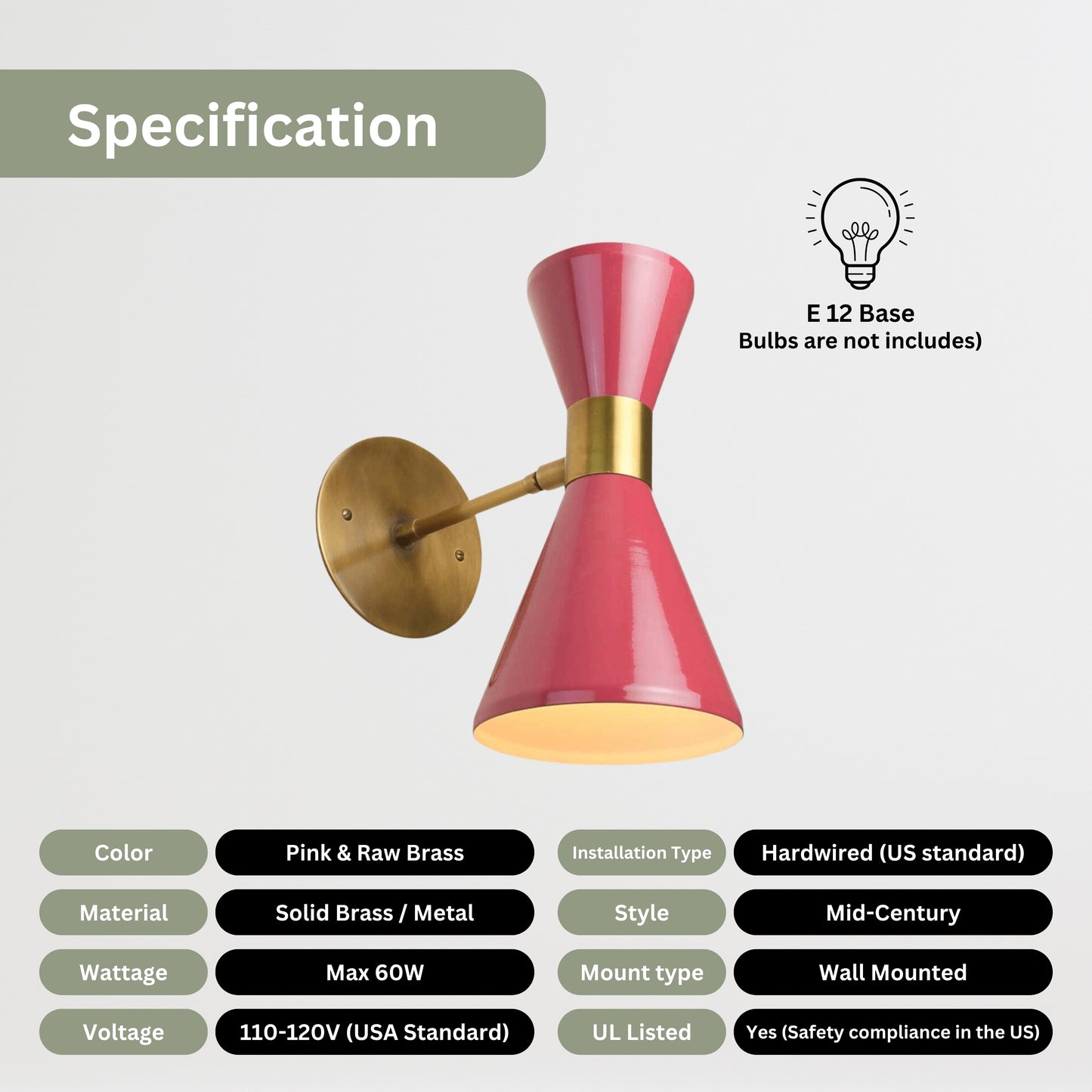 Pink Double Cone Vintage Wall Light - Mid-Century Modern Brass Wall Sconce