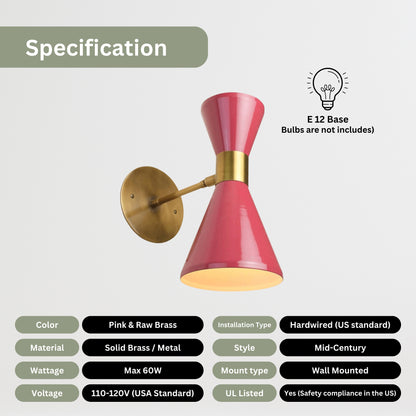 Pink Double Cone Vintage Wall Light - Mid-Century Modern Brass Wall Sconce