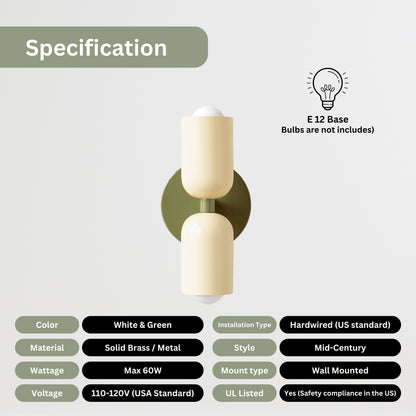 Cream & Olive Green Up & Down Brass Wall Sconce – Mid-Century Modern Light Fixture