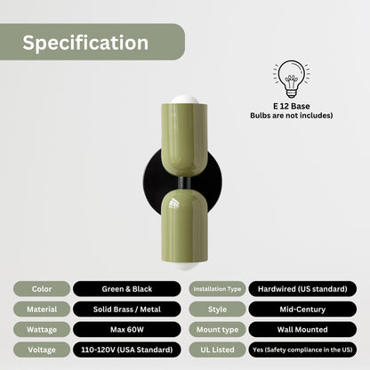 Olive Green & Black Up & Down Brass Wall Sconce – Mid-Century Modern Light Fixture