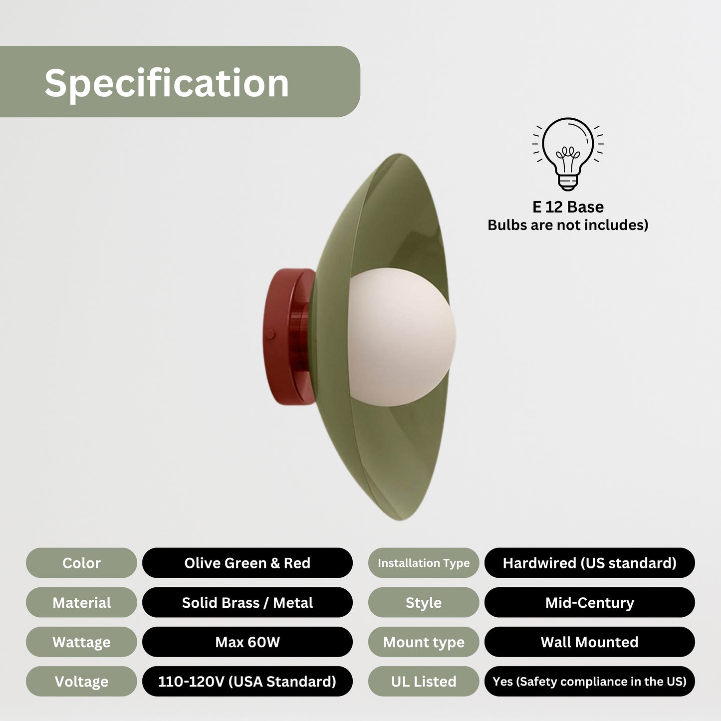 Olive Green & Red Dome Brass Wall Sconce – Mid-Century Modern Vintage Light