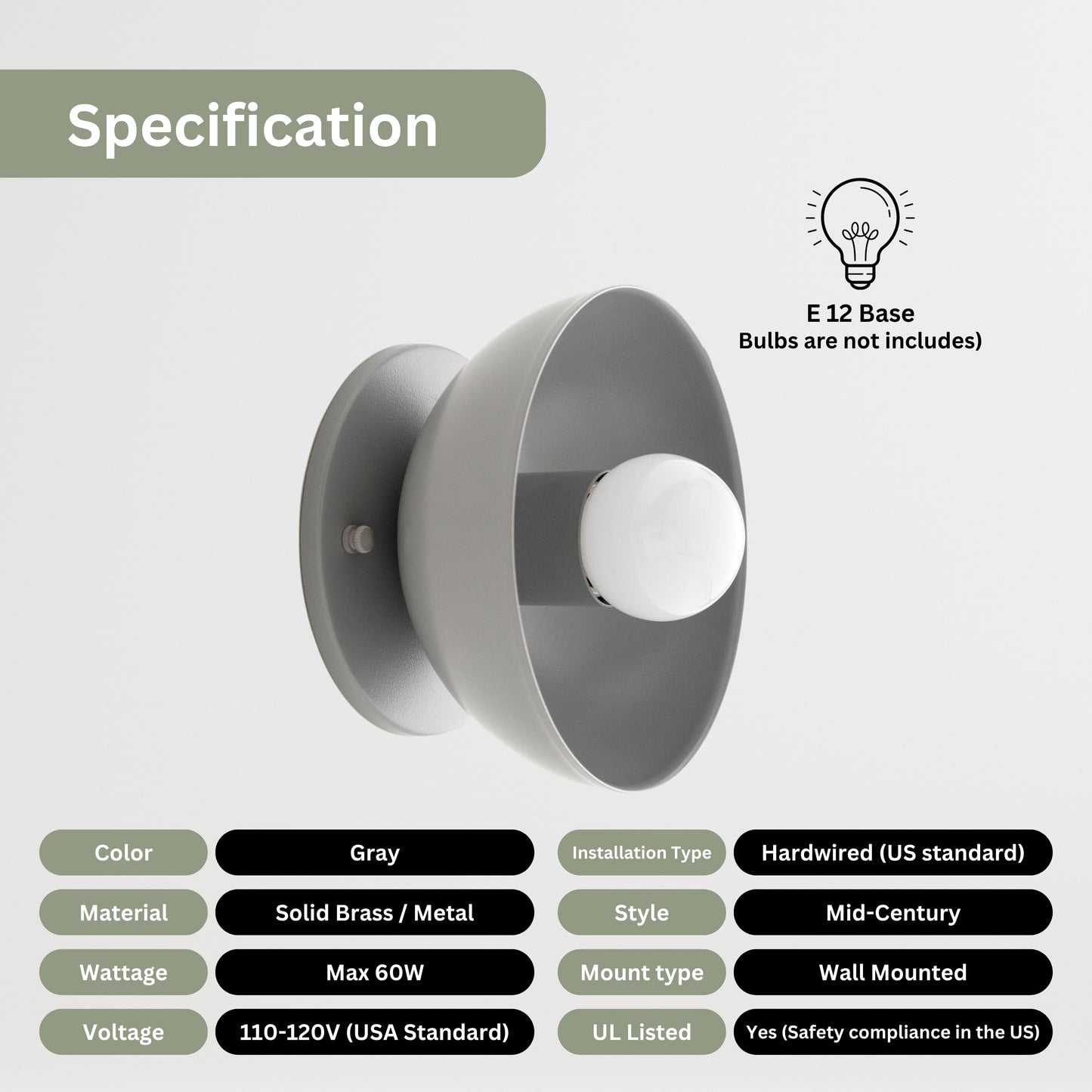 Gray Brass Dome Wall Sconce – Modern Mid Century Wall Light Fixture