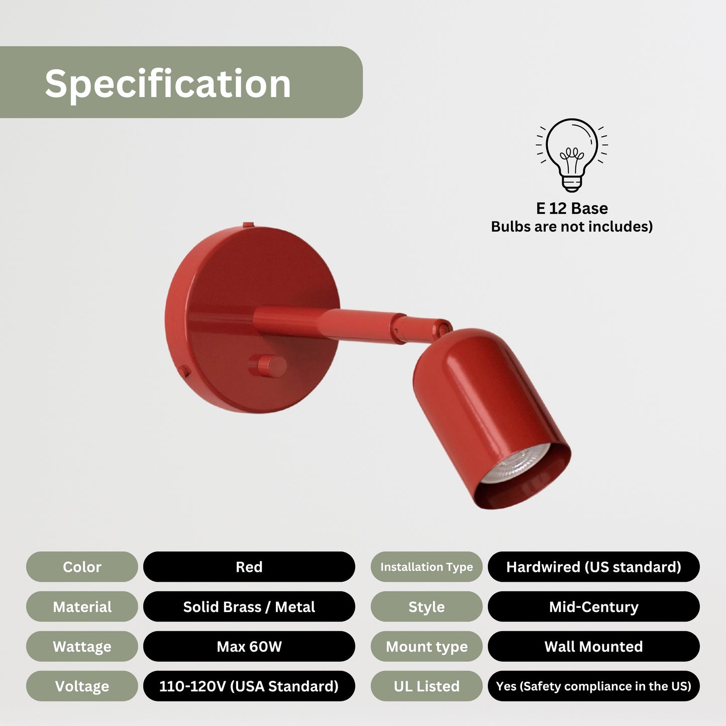 Red Capsule Brass Wall Sconce – Mid Century Modern Vintage Wall Light Fixture