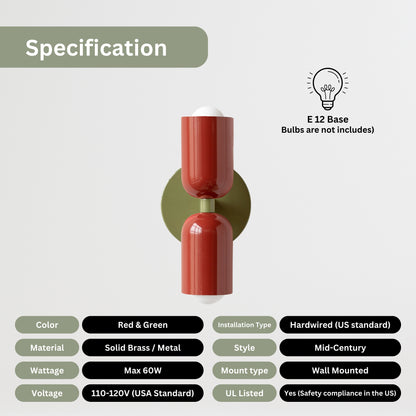 Red & Olive Green Up & Down Brass Wall Sconce – Mid-Century Modern Light Fixture