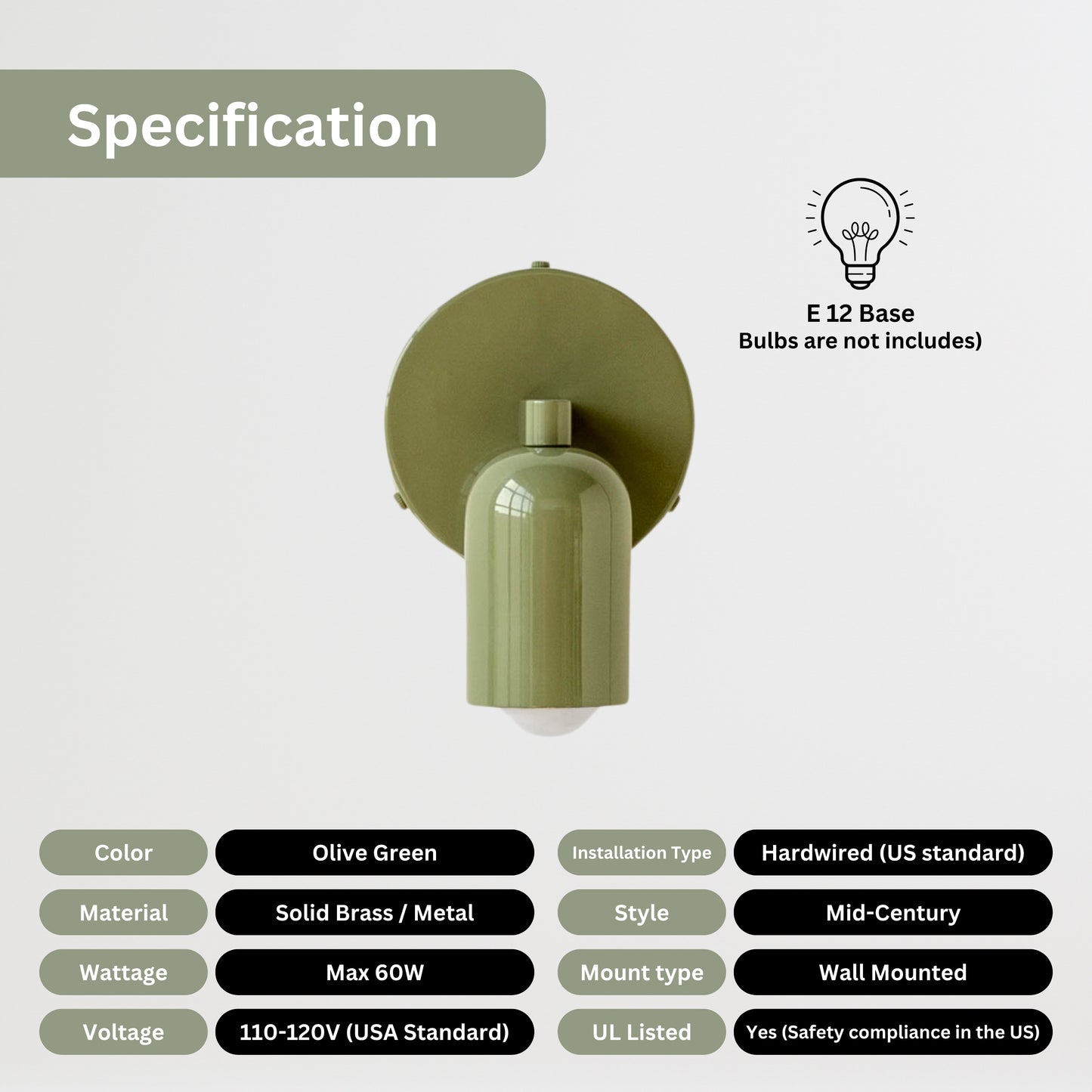 Olive Green Capsule Brass Wall Sconce – Mid Century Modern Vintage Wall Light Fixture