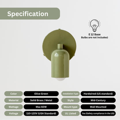 Olive Green Capsule Brass Wall Sconce – Mid Century Modern Vintage Wall Light Fixture