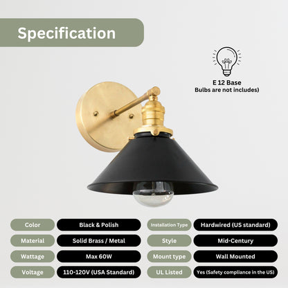 Handmade Brass Wall Sconce – Mid Century Modern Black & Polish Cone Light