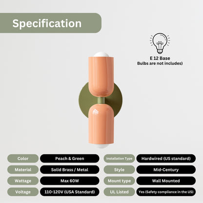 Peach & Olive Green Up & Down Brass Wall Sconce – Mid-Century Modern Light Fixture