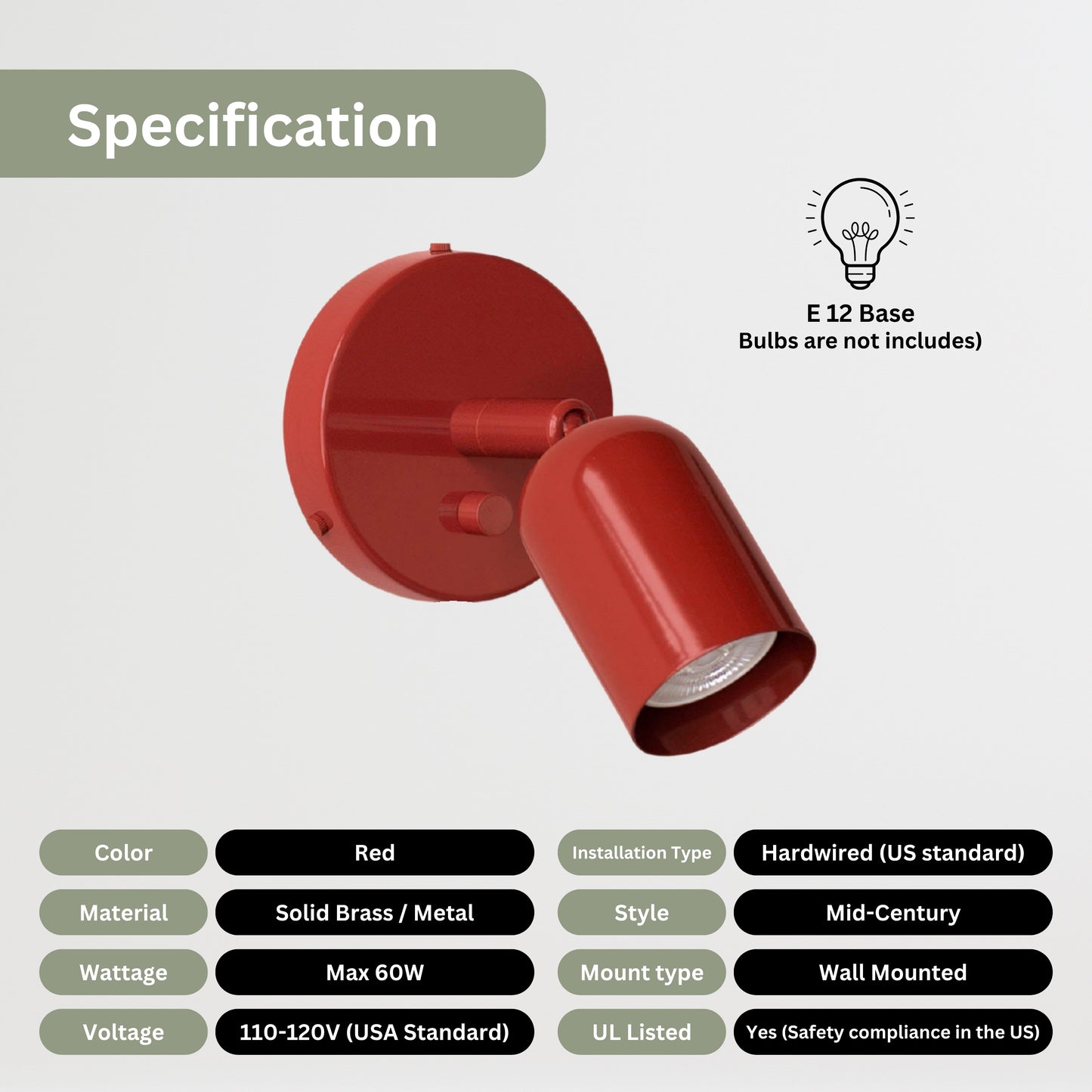 Red Capsule Brass Wall Sconce – Mid Century Modern Vintage Wall Light Fixture
