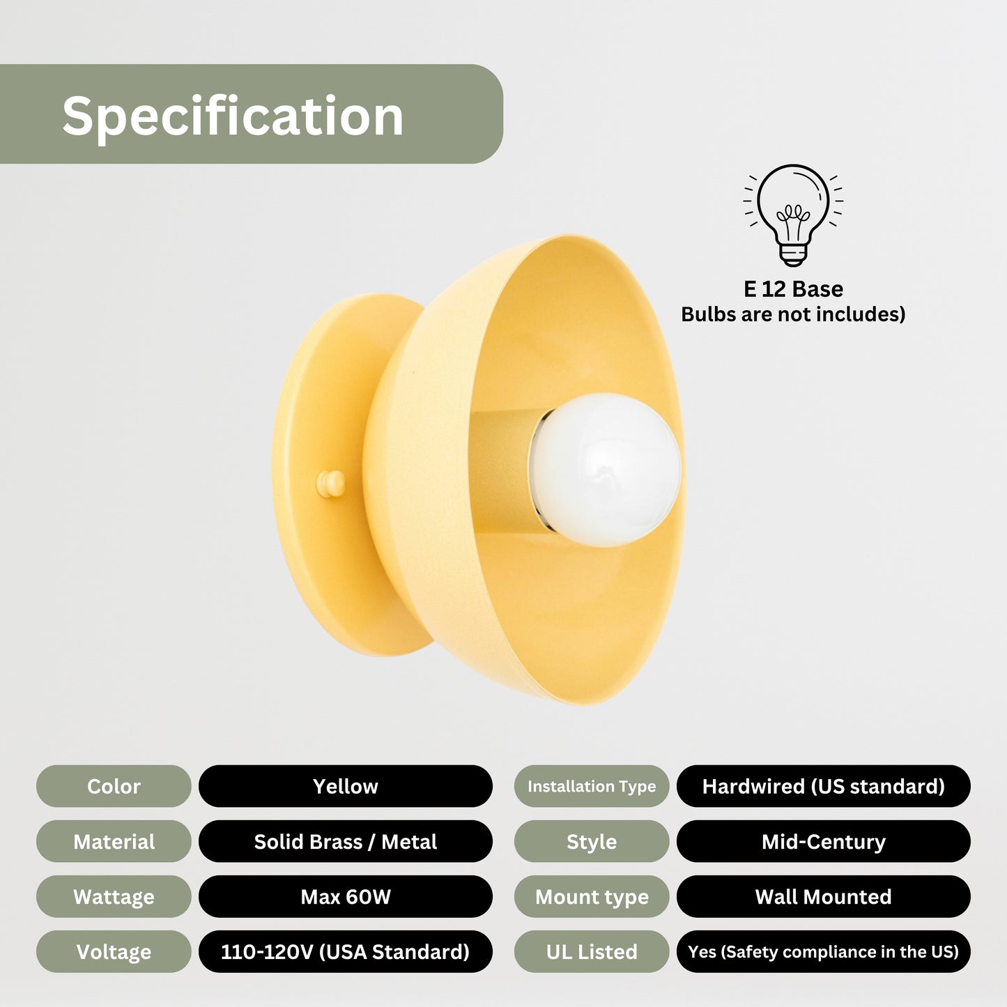 Yellow Brass Dome Wall Sconce – Modern Mid Century Wall Light Fixture