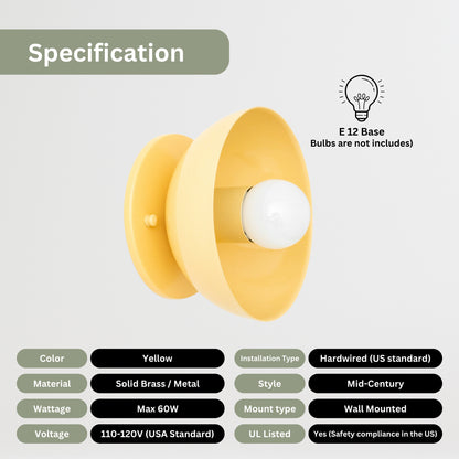 Yellow Brass Dome Wall Sconce – Modern Mid Century Wall Light Fixture