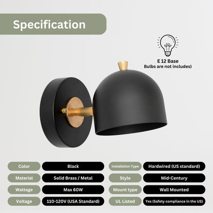 Modern Brass Wall Sconce – Mid Century Wall Light with Black Dome Shade