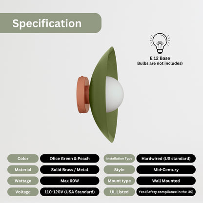 Olive Green & Peach Dome Brass Wall Sconce – Mid-Century Modern Vintage Light