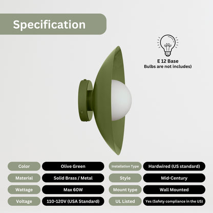 Olive Green Dome Brass Wall Sconce – Mid-Century Modern Vintage Light